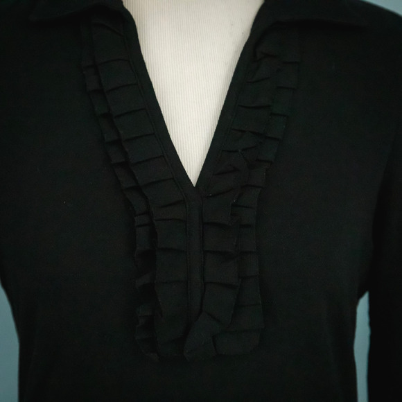 Tory Burch Size Small S Black Ruffle Collared V Neck Long Sleeve Pima Cotton Top - Picture 2 of 7